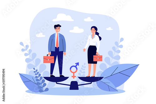 Equal male and female tiny employees standing on balance scale. Vector illustration for gender equality, equal rights, career opportunities, discrimination, workforce, business concept