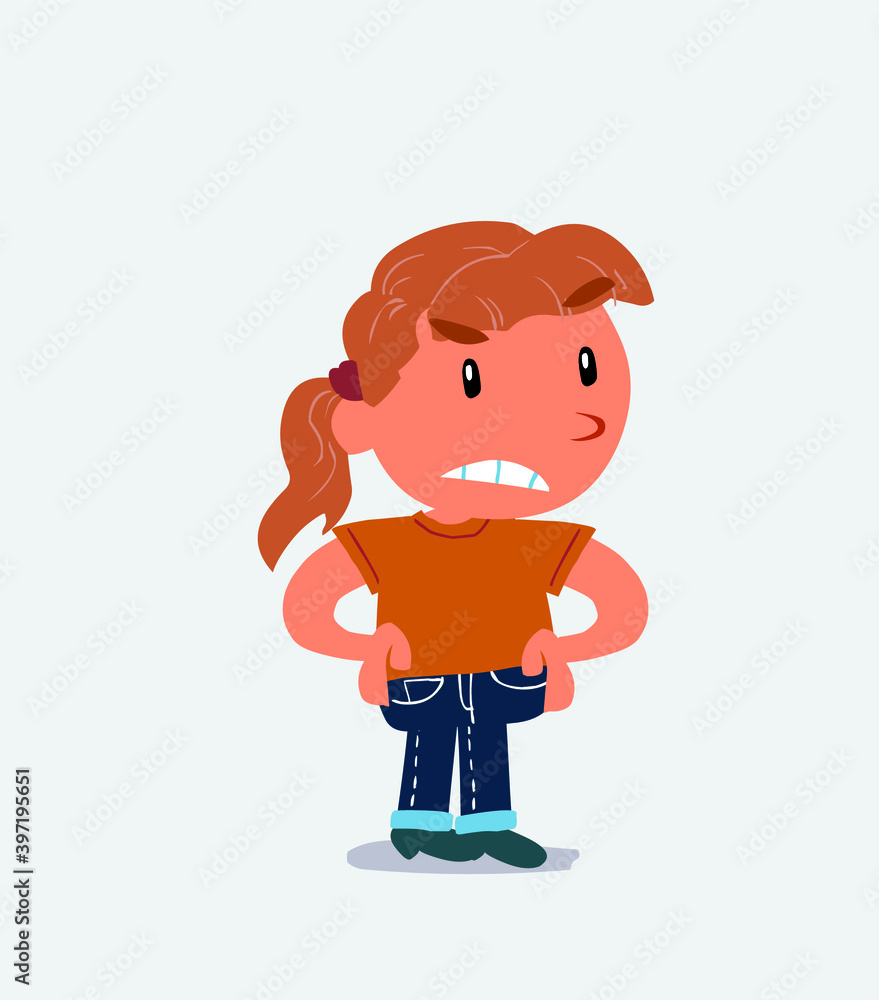 Angry cartoon character of little girl on jeans Angry cartoon character of little girl on jeans