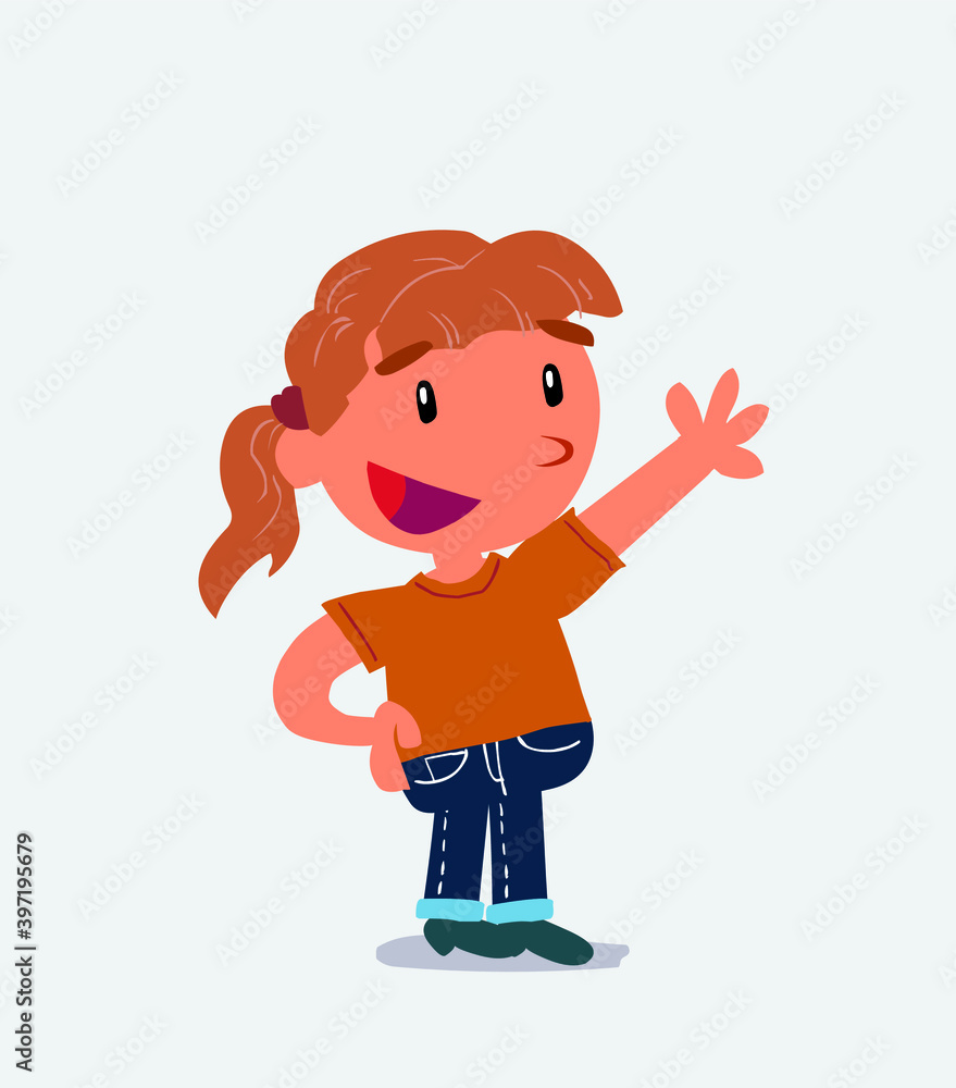 cartoon character of little girl on jeans explaining something while pointing cartoon character of little girl on jeans explaining something while pointing