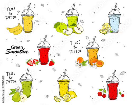 Smoothies or detox cocktail day poster in doodle style. Juice, fresh.