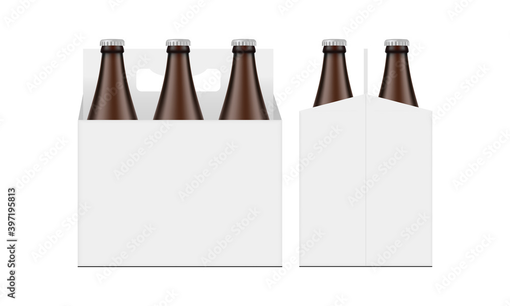 Cardboard Beer Bottle Carrier Packaging Box Mockup, Front and Side View, Isolated on White Background. Vector Illustration - obrazy, fototapety, plakaty 