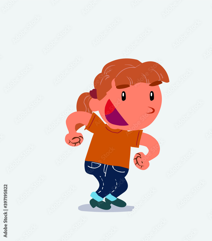 Euphoric cartoon character of little girl on jeans makes plans Euphoric cartoon character of little girl on jeans makes plans
