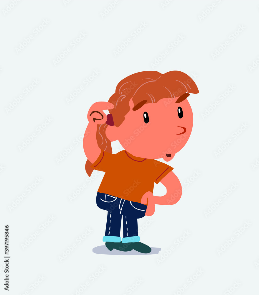  funny cartoon character of little girl on jeans doubting