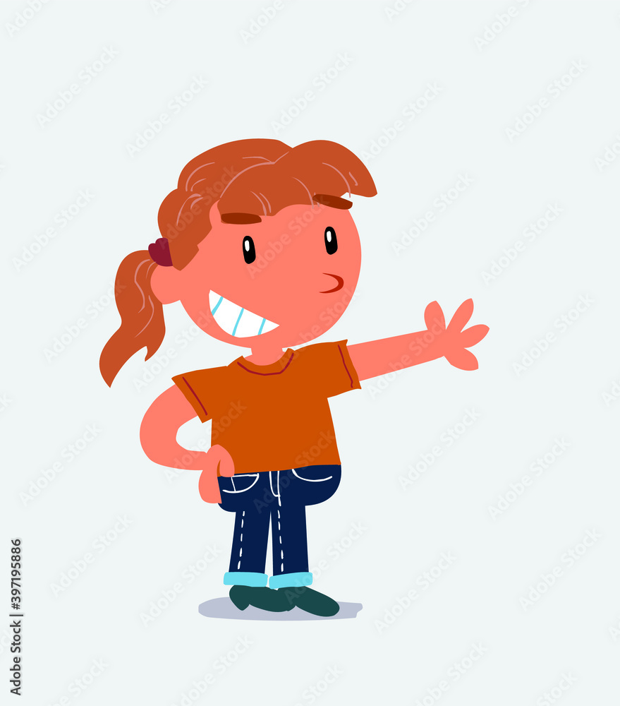Pleased cartoon character of little girl on jeans points to something Pleased cartoon character of little girl on jeans points to something