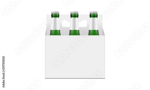 Paper Carrier Packaging Box Mockup With Green Glass Beer Bottles Isolated on White Background. Vector Illustration