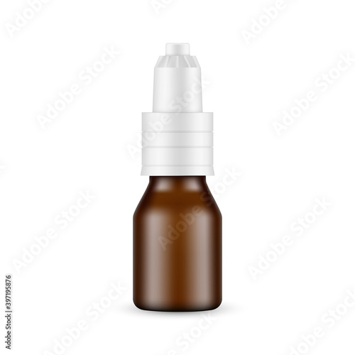 Dark Glass Dropper Bottle Mockup, Isolated on White Background. Nasal Drops Packaging, Front View. Vector Illustration