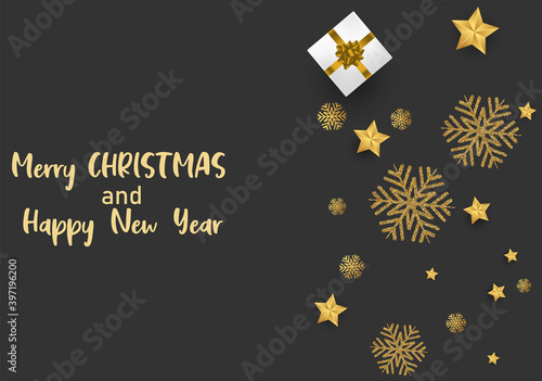 Christmas and New Year Typographical on shiny Xmas background with winter landscape with snowflakes  light  stars. Merry Christmas card. Vector Illustration