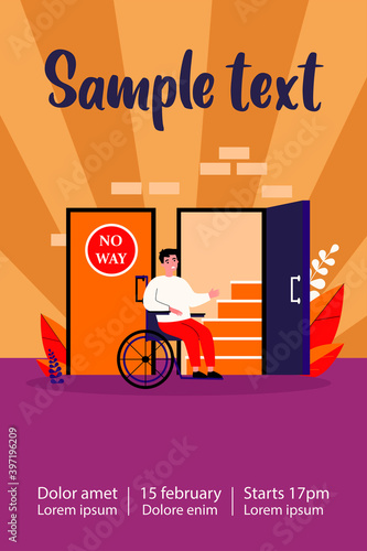 Handicapped man in wheelchair looking at staircase. Help, restriction, inability flat vector illustration. Social problem and assistance concept for banner, website design or landing web page