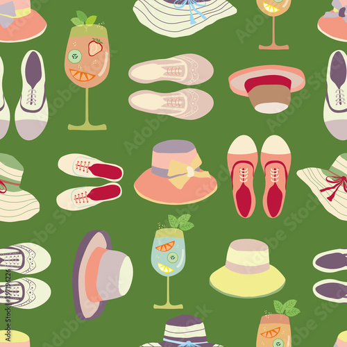Vintage lawn party seamless vector pattern background. Midcentury style design with shoes, hats, drinks on grass green backdrop. Geometric hand drawn illustration. All over print for summer concept