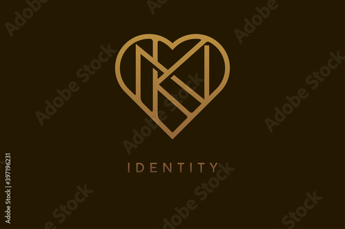 Abstract initials K and N logo, gold colour line style heart and letter combination, usable for brand, card and invitation, logo design template element,vector illustration