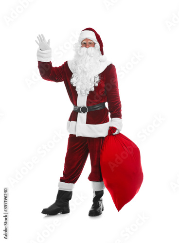 Santa Claus with sack on white background