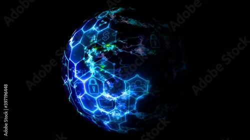 Futuristic digital smart locked abstract cyber security connection system with integrated hexagon with padlock and keyhole icon and analysis graph on sphere surface