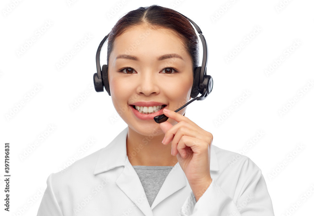medicine, profession and healthcare concept - happy smiling asian female doctor or scientist in headset over white background medicine, profession and healthcare concept - happy smiling asian female doctor or scientist in headset over white background