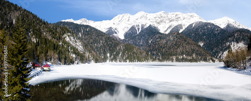 Snow covered lake Ritsa in Caucasus Mountains of Abkhazia.