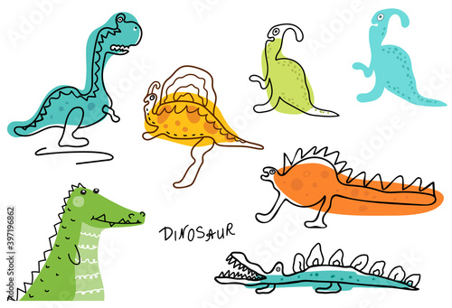 Dinosaur, dragon hand-drawn. Set.