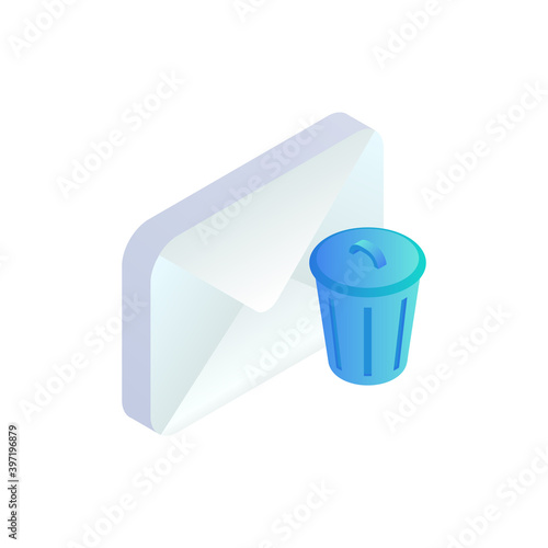Delete email isometric icon. 3d message with trash icon isolated. Mobile Email bin sign. Social network, sms chat, spam, mail vector symbol for web, landing, app, advert, infographic