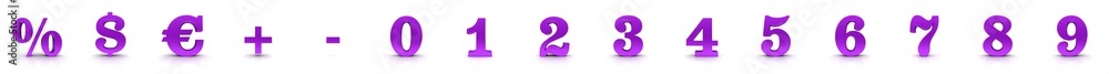 Obraz premium Sale numbers percent percentage sign price discount dollar euro plus minus symbol purple 0 1 2 3 4 5 6 7 8 9 one two three four five six seven eight nine zero