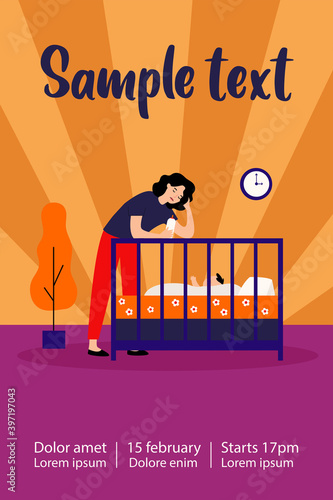 Depressed tired mom giving bottle to baby. Sad sleepy new mother leaning on crib to feed newborn child. Flat vector illustration for postnatal anxiety, postpartum depression, maternity blues concept