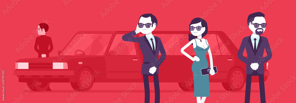 Group of bodyguard people escort protect important famous woman. Personal security for attractive vip celebrity lady by trained professionals, safe private life. Vector creative stylized illustration