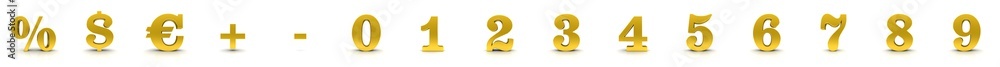 Obraz premium Percent sign 3d percentage numbers golden 0 1 2 3 4 5 6 7 8 9 dollar euro symbols plus minus sale icons