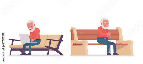 Old man, elderly person sitting on bench with laptop, cane. Senior citizen over 65 years, retired bearded grandfather, aged pensioner. Vector flat style cartoon illustration isolated, white background