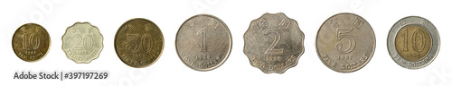 Set of Hong Kong Dollars coins from 10 cents to 10 dollars close up isolated on white background.