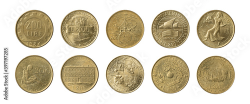 Set of 10 different coins of italian 200 Lire coined from 1980 to 1997 isolated on a white background.
