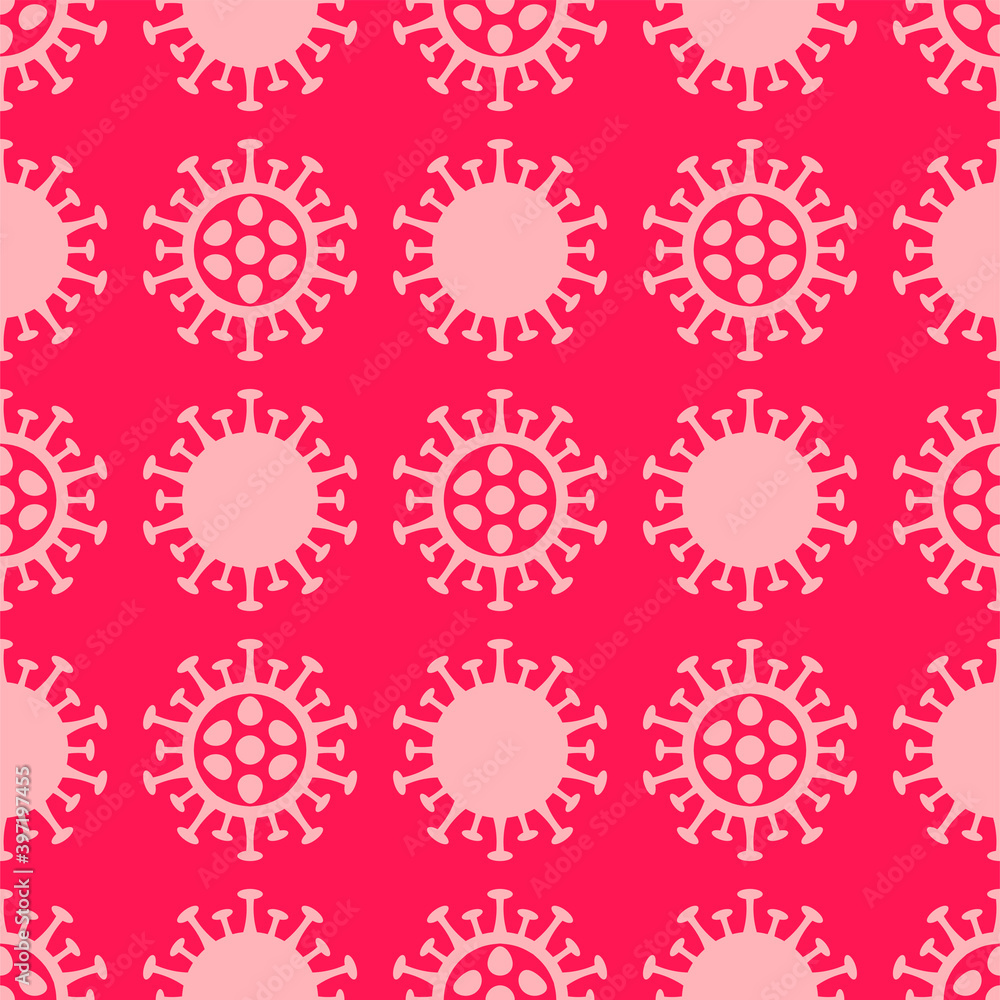Coronavirus flat seamless pattern. Corona virus 2019-nCoV background with pink viruses on red background. COVID-19 Pandemic print texture. Vector illustration
