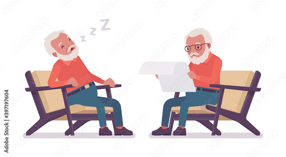 Old man, elderly person resting in armchair, sleeping, reading paper. Senior citizen over 65 years retired grandfather aged pensioner. Vector flat style cartoon illustration isolated, white background Old man, elderly person resting in armchair, sleeping, reading paper. Senior citizen over 65 years retired grandfather aged pensioner. Vector flat style cartoon illustration isolated, white background