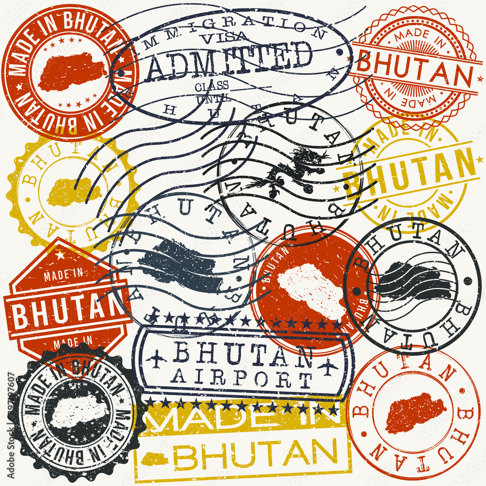 Bhutan Set of Stamps. Travel Passport Stamp. Made In Product. Design Seals Old Style Insignia. Icon Clip Art Vector.