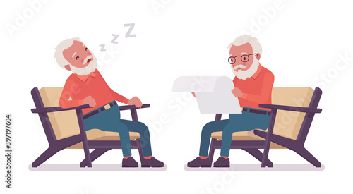 Old man, elderly person resting in armchair, sleeping, reading paper. Senior citizen over 65 years retired grandfather aged pensioner. Vector flat style cartoon illustration isolated, white background