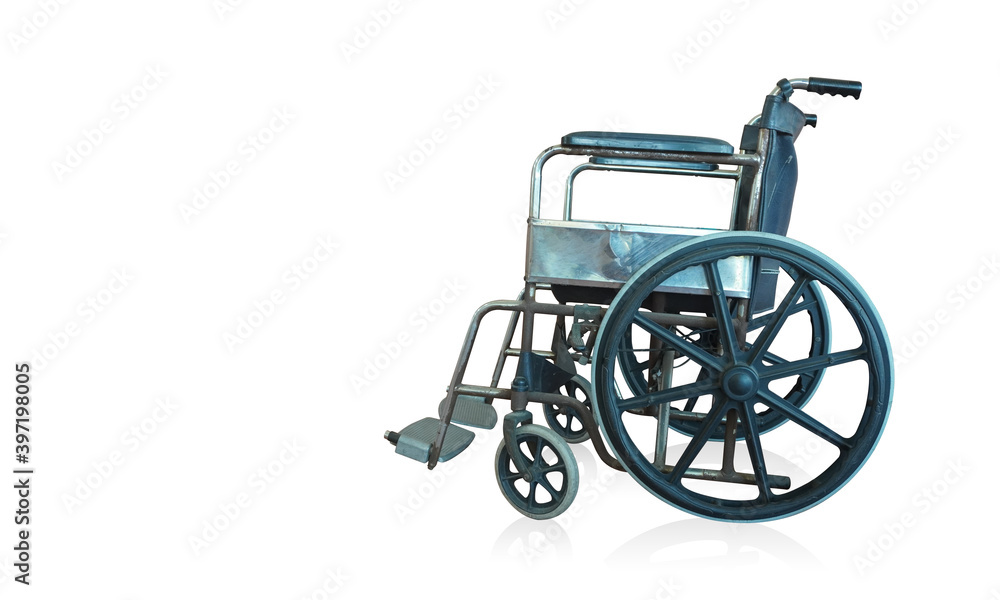 Fototapeta premium side view old wheelchair on white background, object, transporation, copy space