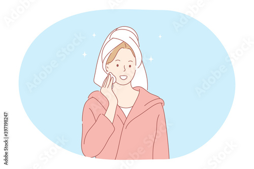 Cosmetics, make up, beauty concept. Young smiling woman cartoon character in towel cleaning face with lotion and cotton pad before going to bed or in morning. Skincare treatment illustration