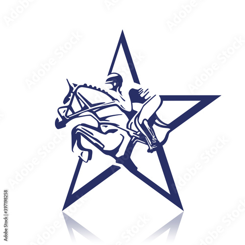 Jockey on horse. Logo. Star. Horse Jumping. Equestrian Events. Show Jumping Competition. Sport. Vector Illustration