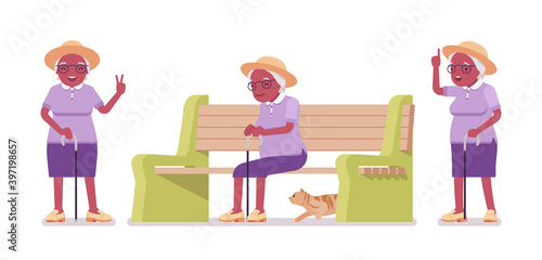 Old black woman, elderly person sitting on bench. Senior citizen over 65 years, retired grandmother, old age pensioner. Vector flat style cartoon illustration isolated, white background