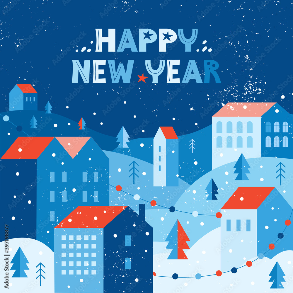 Holiday snow city in winter decorated with garlands. Urban landscape in a geometric minimal flat style. Houses on a hill among snowdrifts and trees. Happy new year banner or greeting card in vector