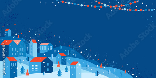 Urban landscape in a geometric minimal flat style. New year and Christmas winter city among snowdrifts, falling snow, trees and festive garlands. Abstract horizontal banner with space for the text