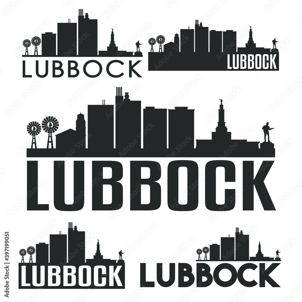 Lubbock Texas Flat Icon Skyline Vector Silhouette Design Set Logos