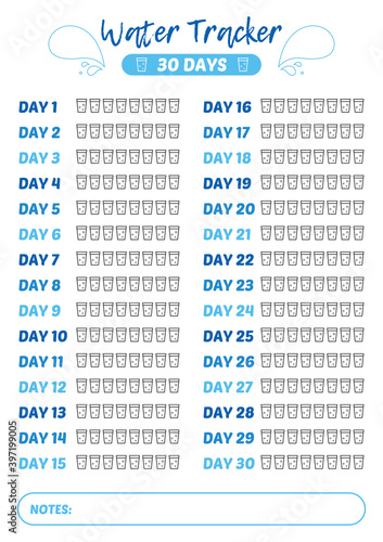 Printable A4 30 days water tracker for bullet journal or poster design. Drinking enough water, hydration challenge.
