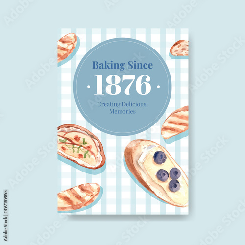 Poster template with European picnic concept design for advertise watercolor vector illustration.