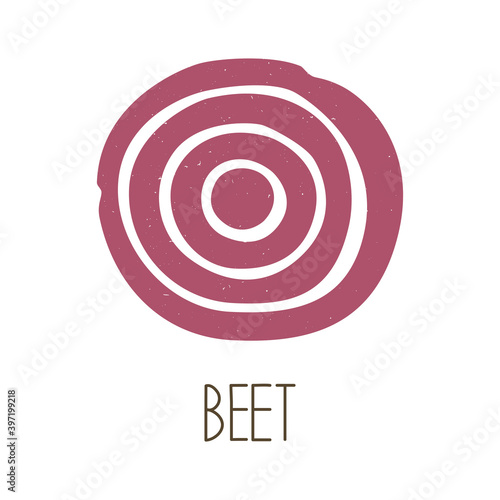 Cute caption beet slice icon isolated on white background. Colorful pictogram original design. Can be used for infographics, identity or decoration. Vector shabby hand drawn illustration
