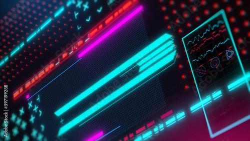 Cyber style neon background. Retrowave hud interface 3d render