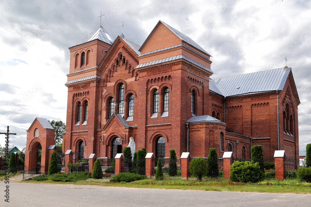 Rositsa, Belarus - 06/13/2020: Catholic church of the Holy Trinity in the village of Rositsa, Belarus