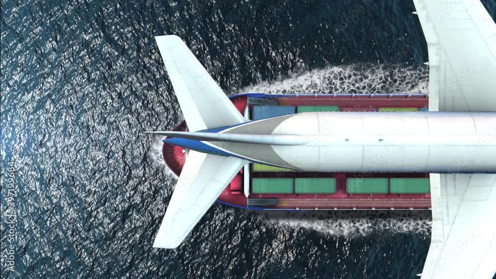 Airplane flies over Cargo ship with containers in the sea- aerial ...