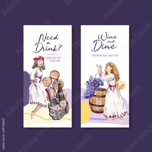 Flyer template with wine farm concept design for brochure and marketing watercolor vector illustration.