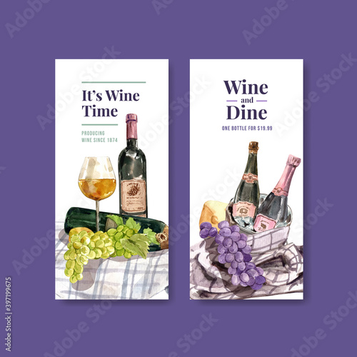 Flyer template with wine farm concept design for brochure and marketing watercolor vector illustration.