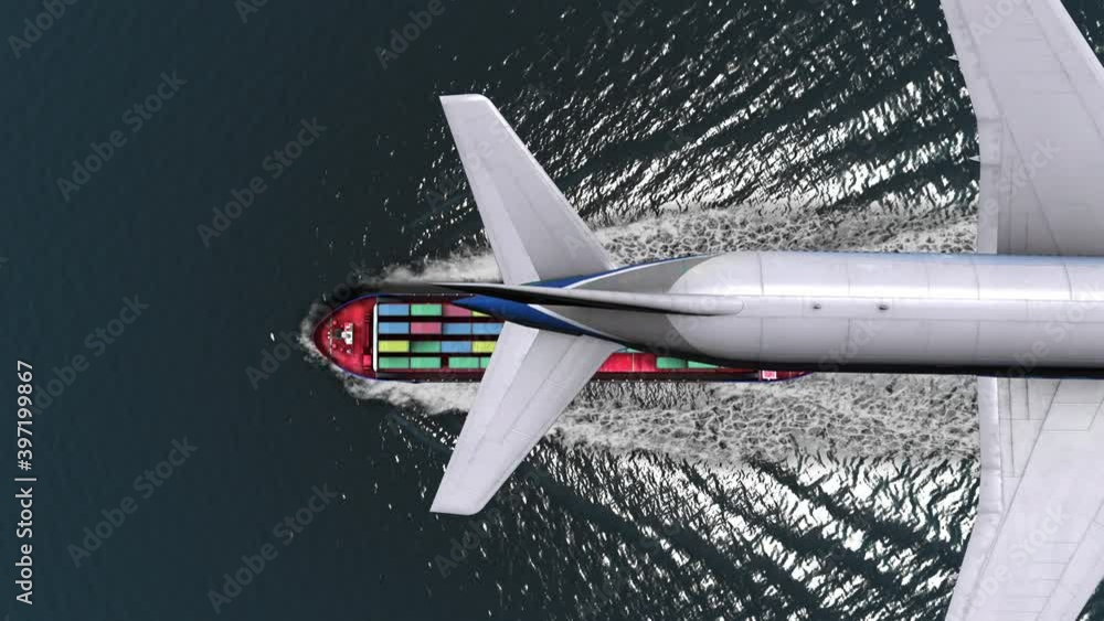 Airplane flies over Cargo ship with containers in the sea- aerial ...