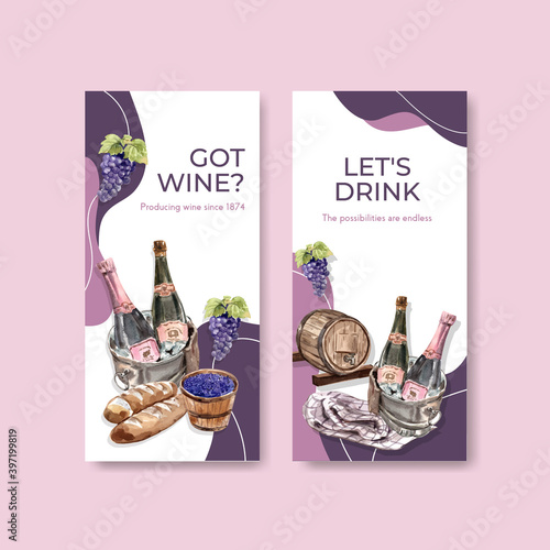 Flyer template with wine farm concept design for brochure and marketing watercolor vector illustration.