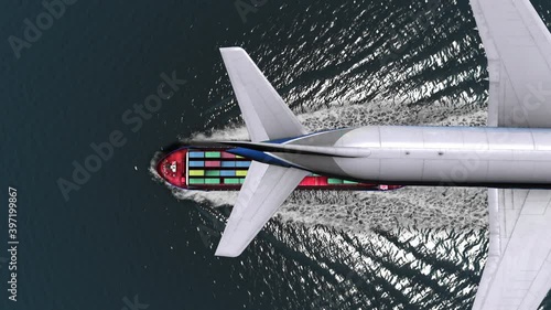 Airplane flies over Cargo ship  with containers in the sea- aerial
, Freight Shipping export and import concept, container ship and plane carries cargo across the ocean. Transportation. Delivery. Logi