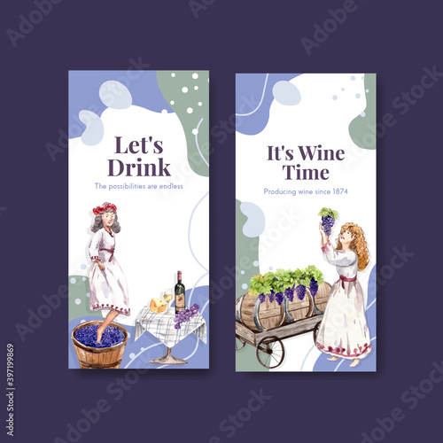 Flyer template with wine farm concept design for brochure and marketing watercolor vector illustration.